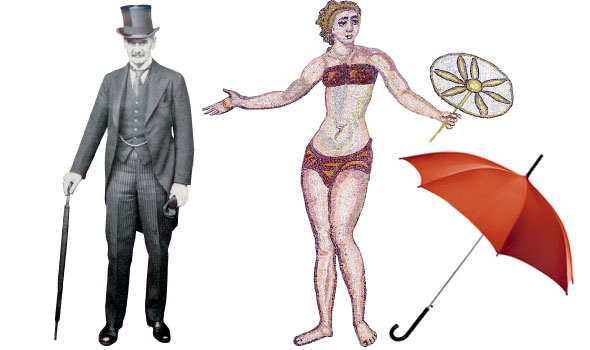 Neville Chamberlain took his umbrella to a meeting with Adolf Hitler; A woman with a small parasol in a Roman mosaic
