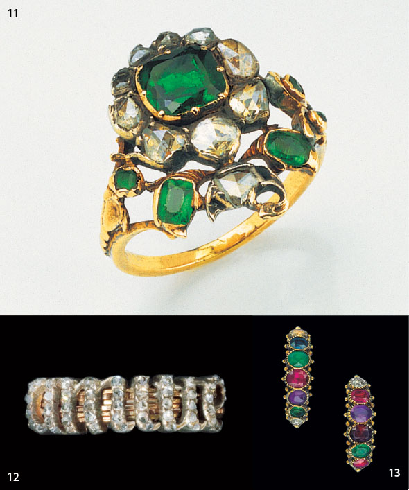 11 Gold and silver ring with a floral bezel set with emeralds and diamonds: 18th century. Zucker Family collection 12 This ring has six hoops, each carrying a diamond letter, which come together to spell the word ‘amite’: c. 1800. Private collection 13 Two rings set with stones. Their initial letters spell out the message 'regard'