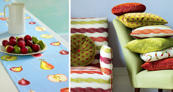 Apples and Pears fabric, £32 per metre, by Sanderson (left) Chair in Furrow Stripe; cushion in Medley Spot, both £55 per metre, by Jane Churchill (right)