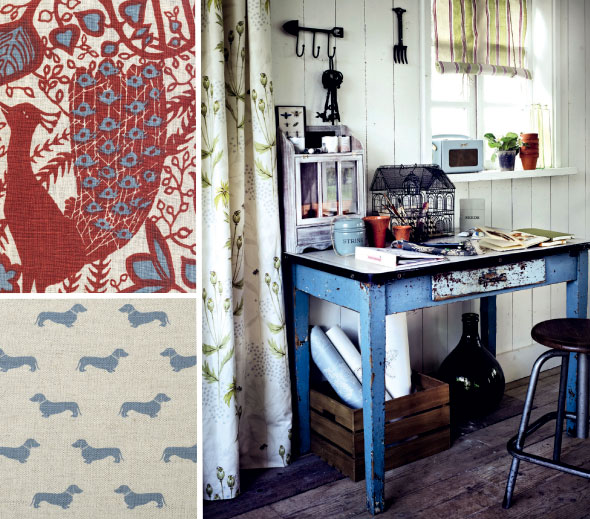 Clockwise from bottom left: Dachshund, £48 per metre, by Emily Bond; Peacock fabric, £76.80 per metre, by Lewis & Wood; Botanist Garden fabric, £22 per metre, by John Lewis